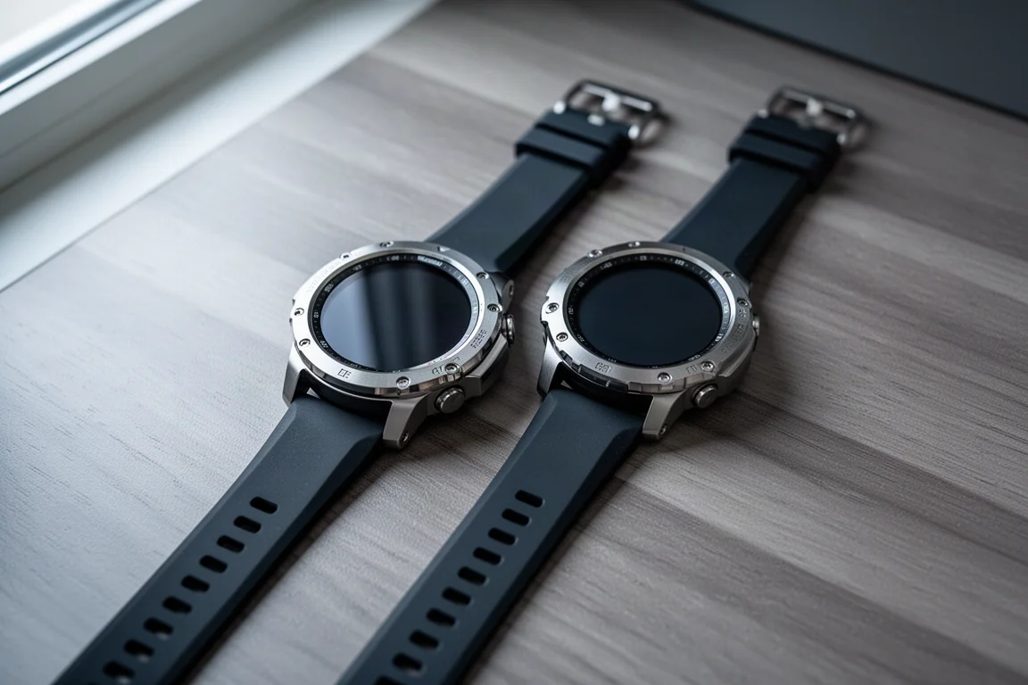 Two rugged smartwatches side by side on a wooden desk, one noticeably thicker