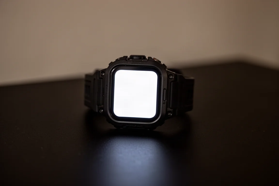Smartwatch screen glowing in a dark room