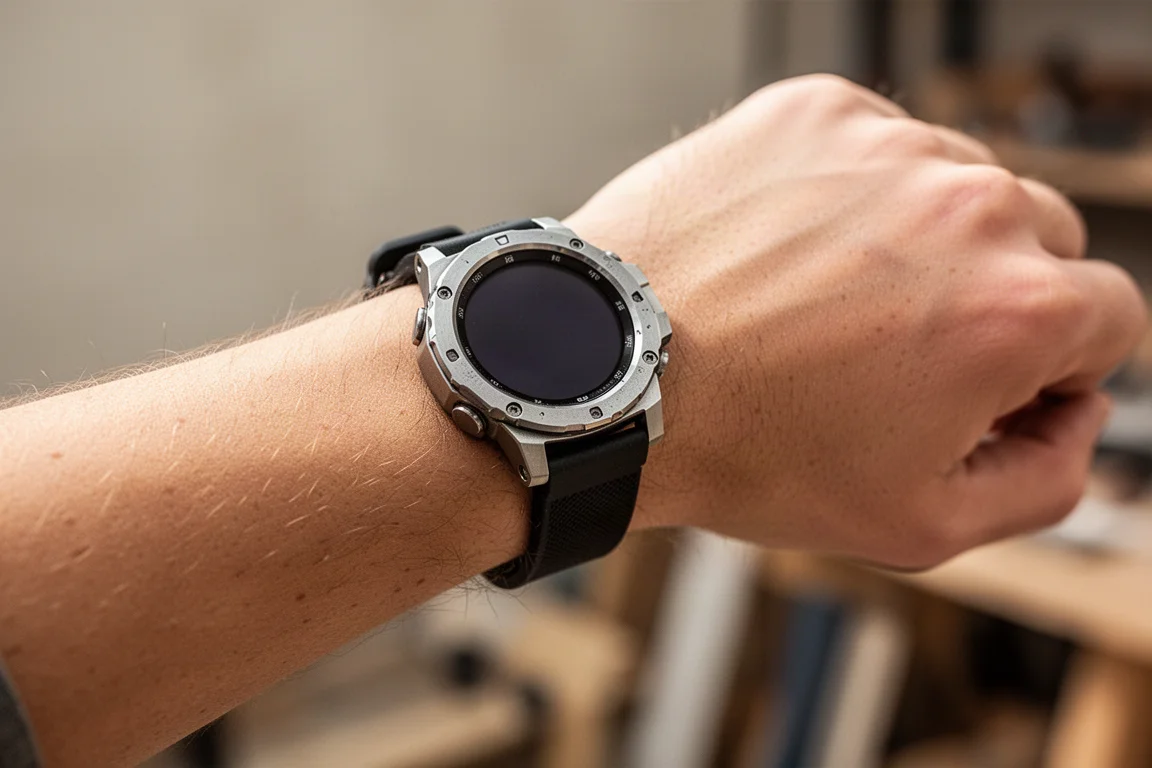 Rugged smartwatch worn on a wrist during everyday activity