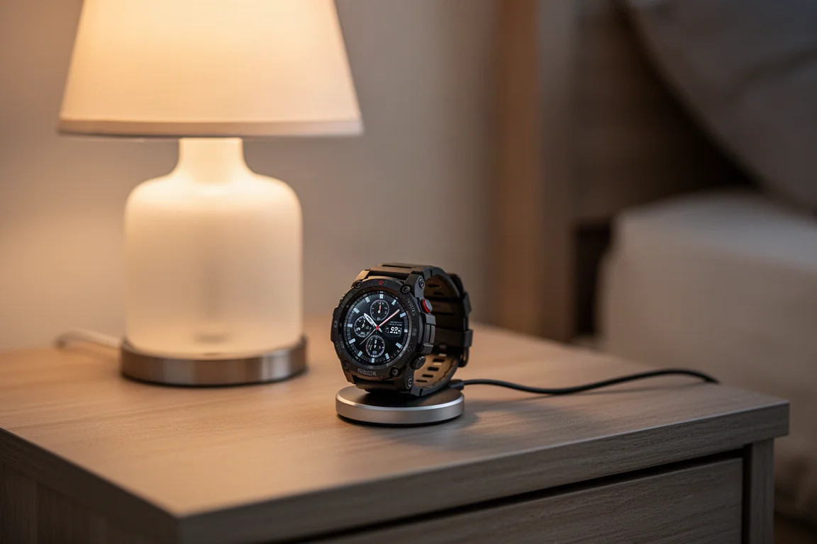 Smartwatch charging on a cable next to a bedside lamp