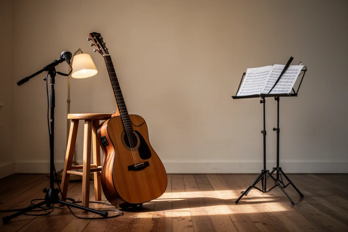 Akustikgitarre lehnt an einem Holzhocker in einem warm beleuchteten Raum