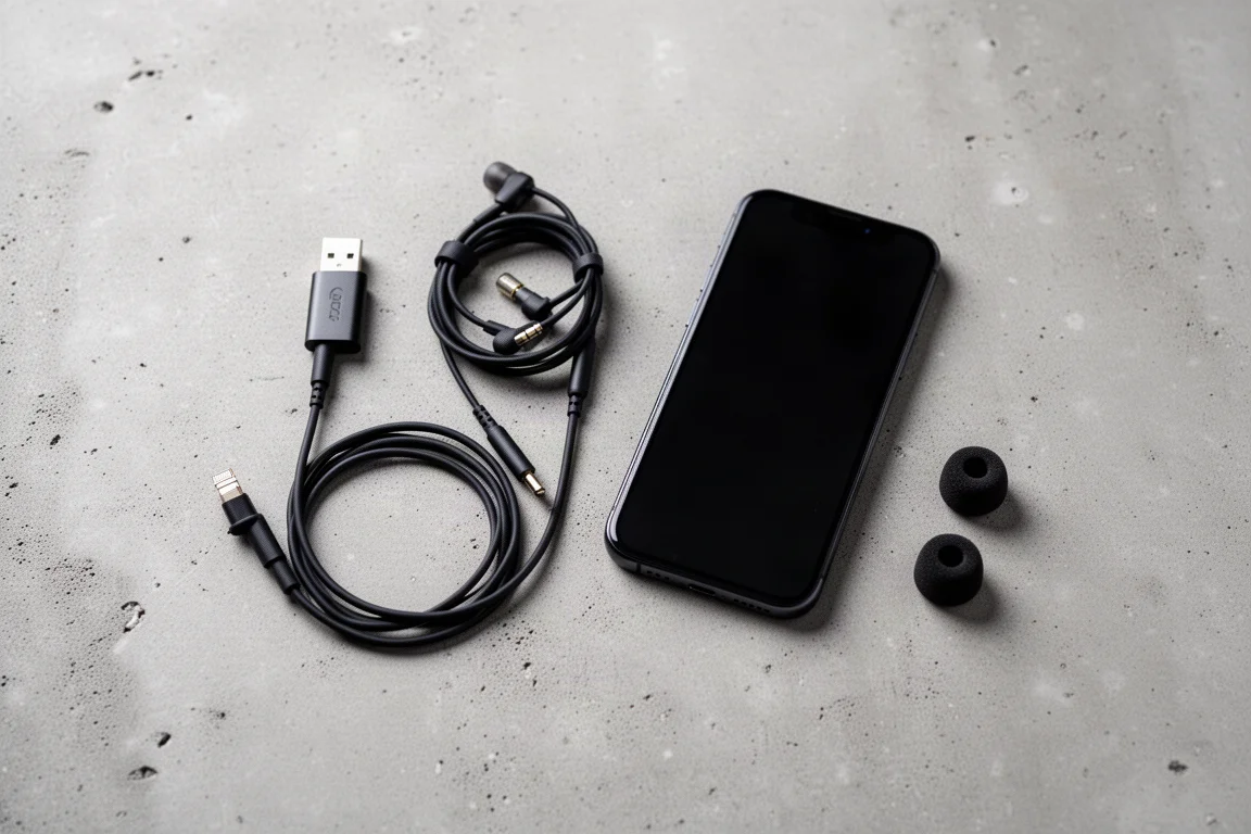Flatlay von kleinem Audiozubehör auf Betonoberfläche mit aufgerolltem Flachkabel