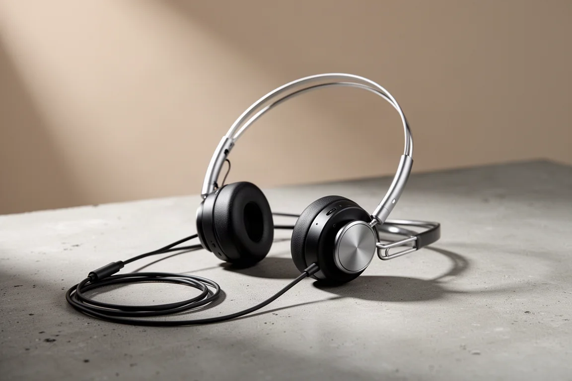 Lightweight on-ear open-back headphone with metal headband resting on a concrete surface