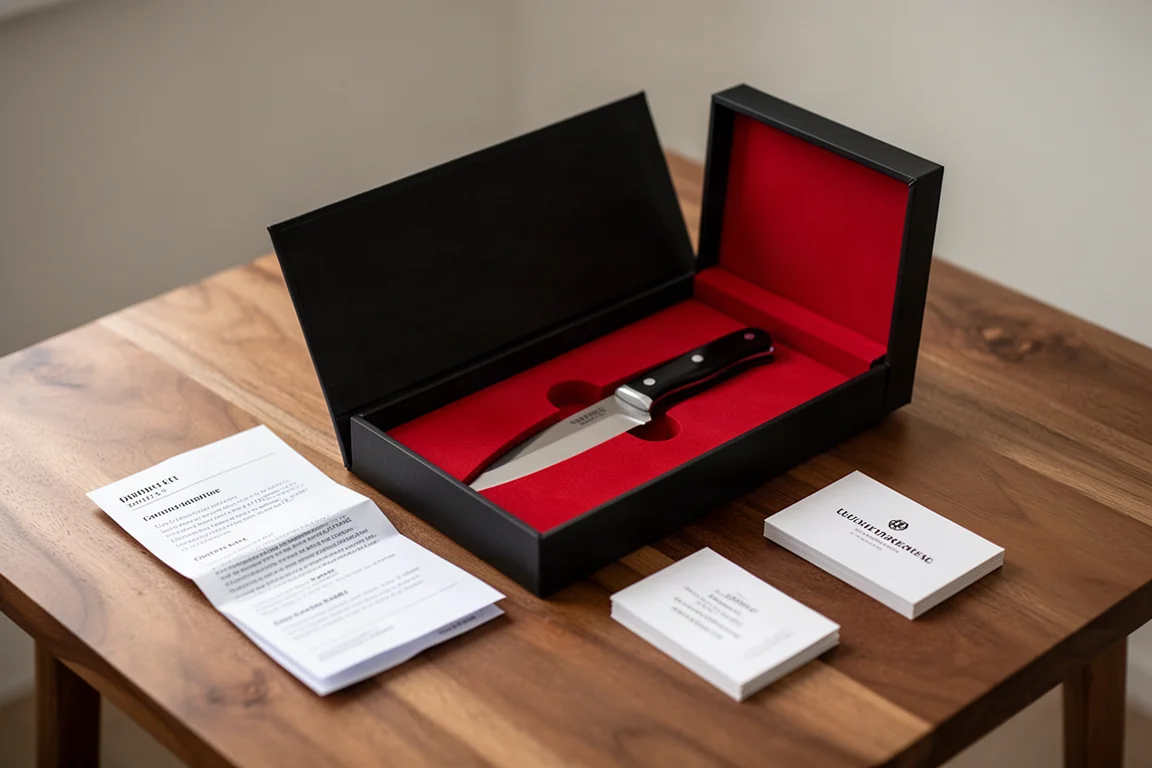 Verpackung eines Küchenmessers geöffnet auf einem Holztisch mit Karton und Pflegeanleitung