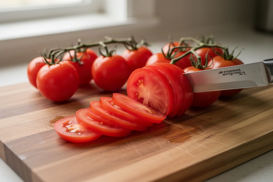 Cherrytomaten werden auf einem Holzschneidebrett in dünnen, sauberen Scheiben geschnitten