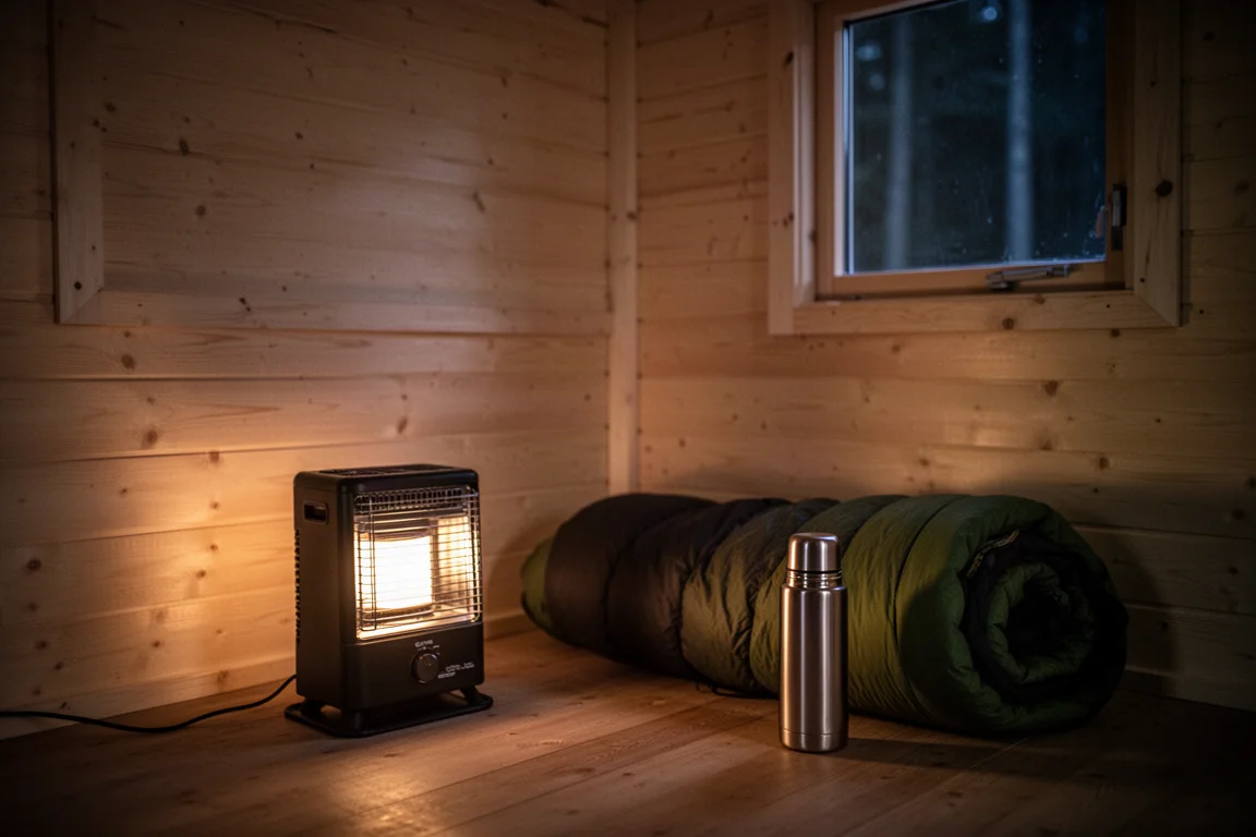 Acampamento em barraca de teto em noite fria e clara com luz quente brilhando através do tecido