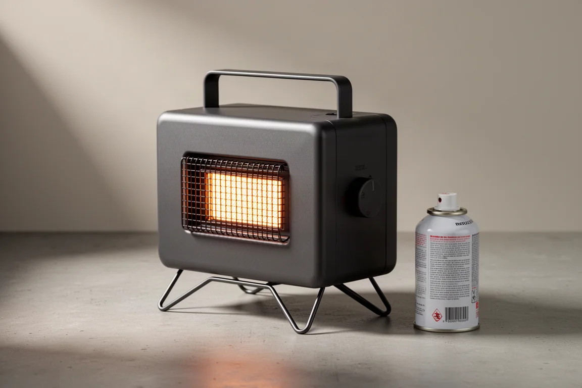 Compact dark grey butane heater with top handle beside a butane canister on concrete