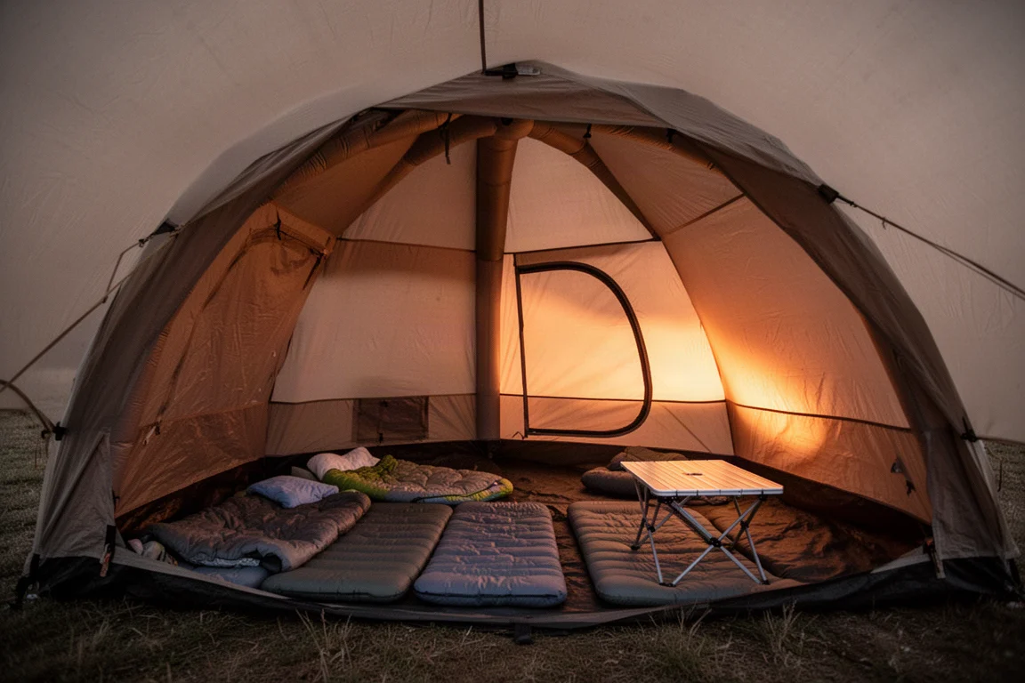 Interior de una tienda inflable grande al atardecer con equipo de acampada y luz ambiental cálida