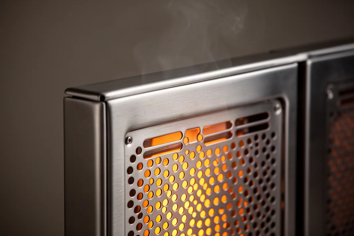 Primer plano de una carcasa de calentador de acero inoxidable con brillo cálido a través de las ranuras de ventilación