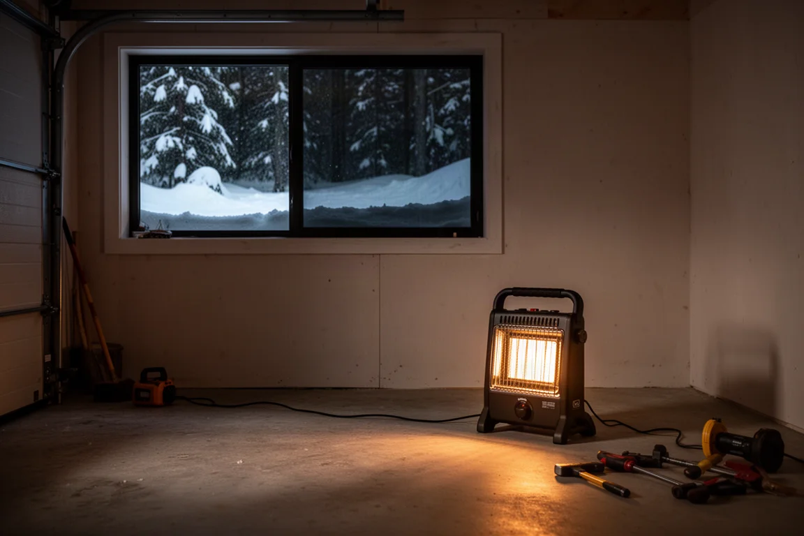 Brillo cálido del calentador dentro de una cabaña durante un corte de luz invernal