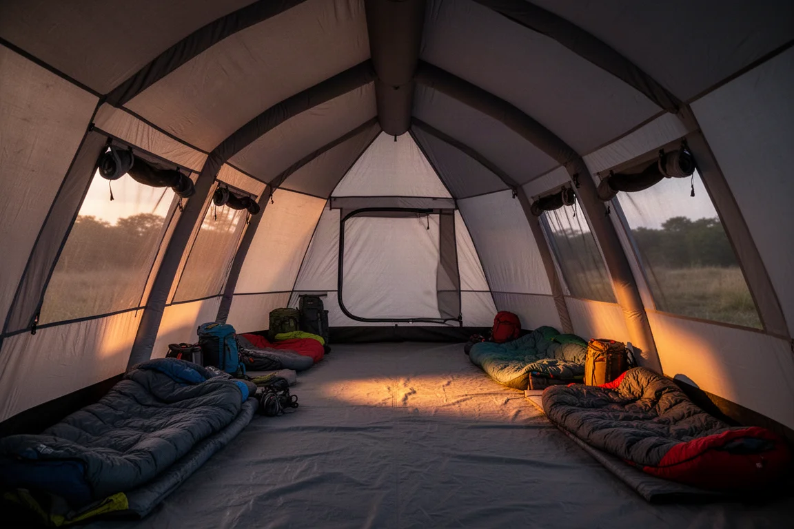 Interno di una grande tenda illuminato e caldo di notte, con il crepuscolo freddo visibile all'esterno