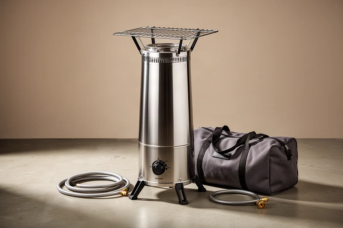 Kovea GigaSun propane heater with carry bag and hose on a concrete floor