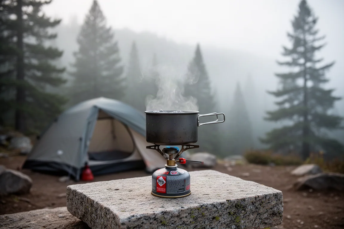 Pequeña hornilla de cartucho con una olla humeante sobre una repisa de granito en un camping de montaña con niebla