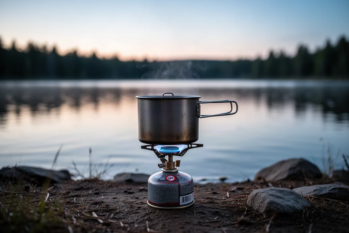Hornilla de cartucho ardiendo con llama azul bajo una olla de titanio en un camping junto a un lago al atardecer
