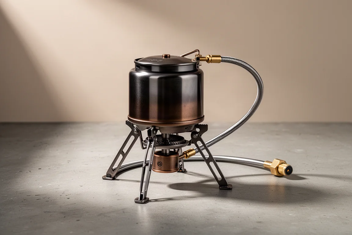 Compact three-leg camping stove with fuel hose and control valve on a concrete surface