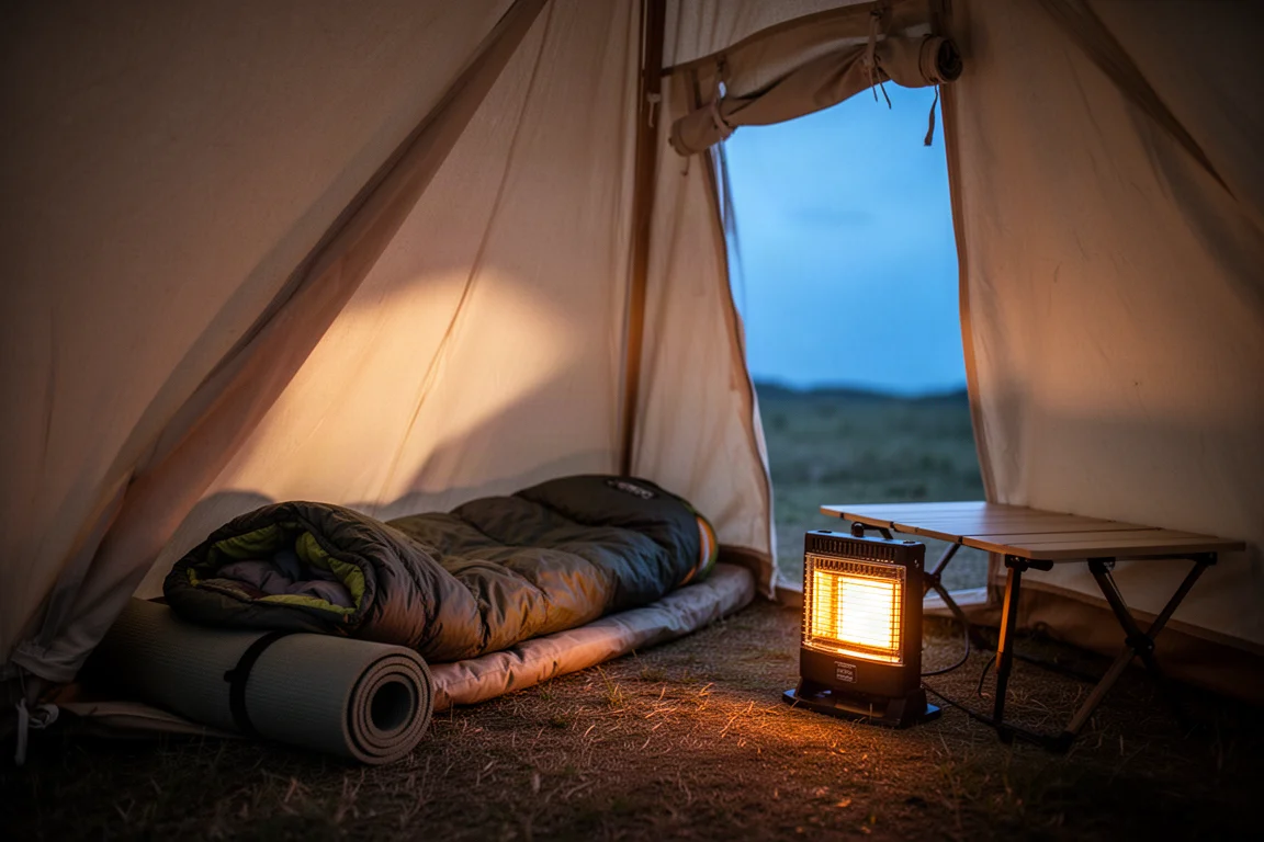 Intérieur d'une petite tente en toile au crépuscule avec un chauffage pliable compact émettant une lueur ambrée chaude