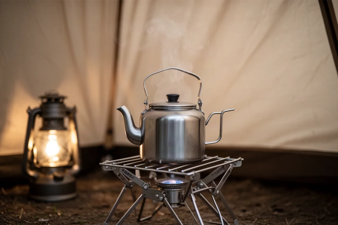 Bouilloire fumante posée sur un réchaud de camping pliable à l'intérieur d'une tente la nuit