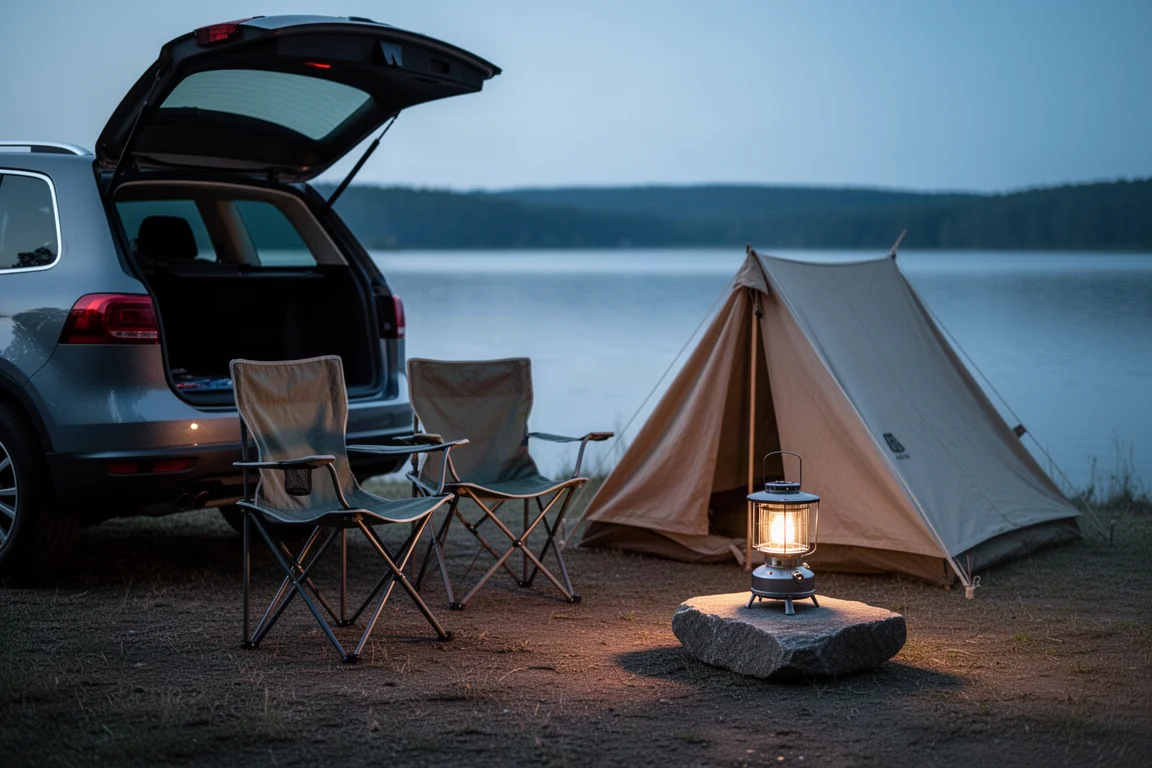 Installation de camping-car au bord d'un lac au crépuscule avec tente, chaise de camping et chauffage-réchaud compact