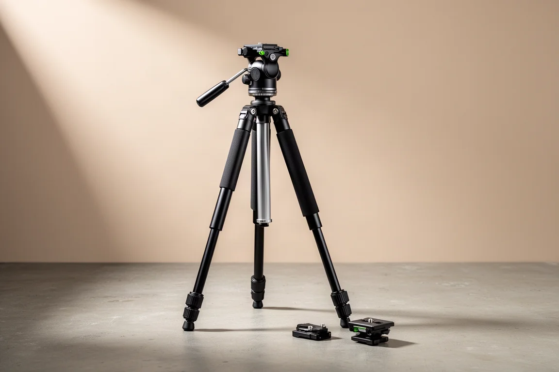 KR FP2450 aluminum tripod with fluid head standing on a concrete surface