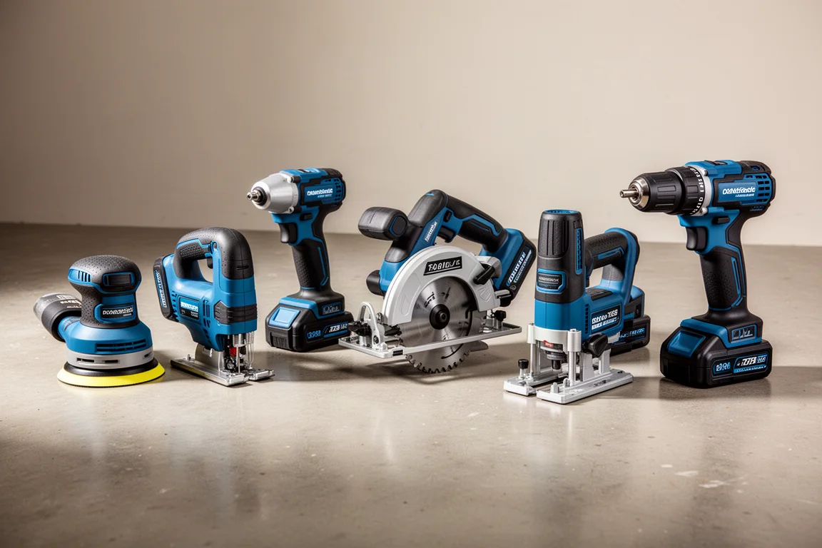 Lineup of blue and black cordless power tools arranged on a concrete workshop floor