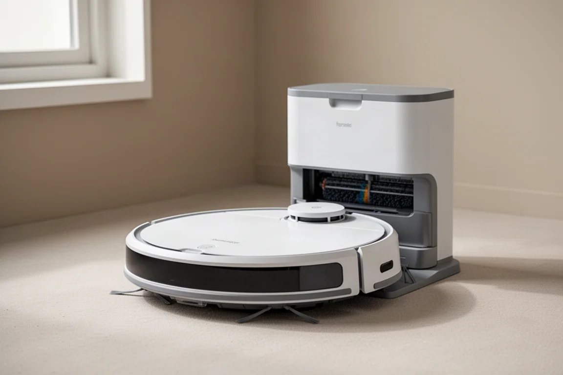Smart-Home-Geräte, darunter ein E-Ink-Dashboard, Garagentoröffner, Smart-Button und Luftqualitätssensor, angeordnet auf einer Betonoberfläche