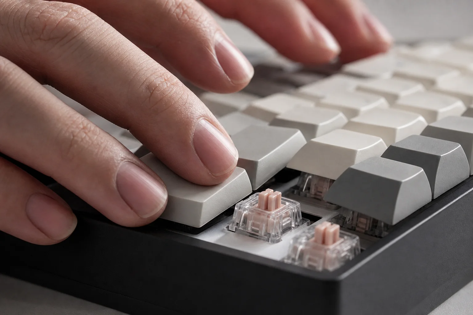 Primer plano de los interruptores y teclas de un teclado mecánico mientras se escribe