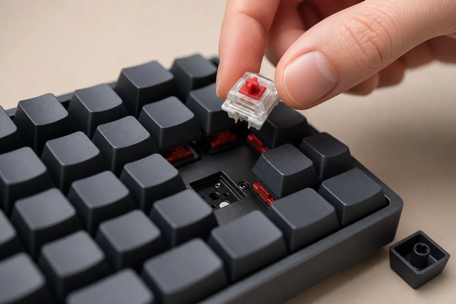 Teclado mecánico con interruptores modulares siendo reemplazados o personalizados