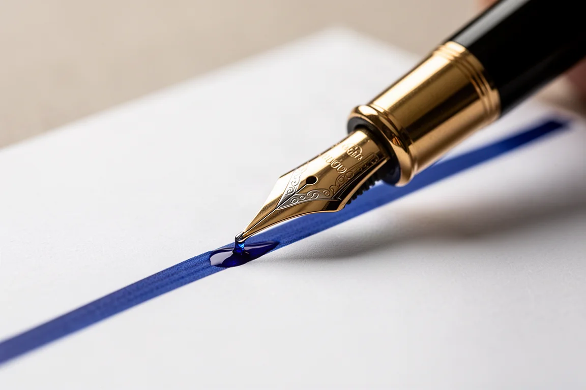 万年筆のペン先が白い紙に鮮やかなブルーのインクで書いている様子