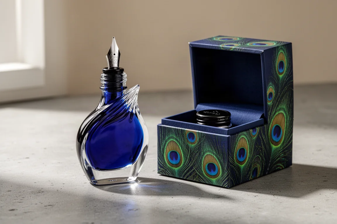 Peacock-feather-shaped ink bottle filled with vibrant blue ink beside its decorated box