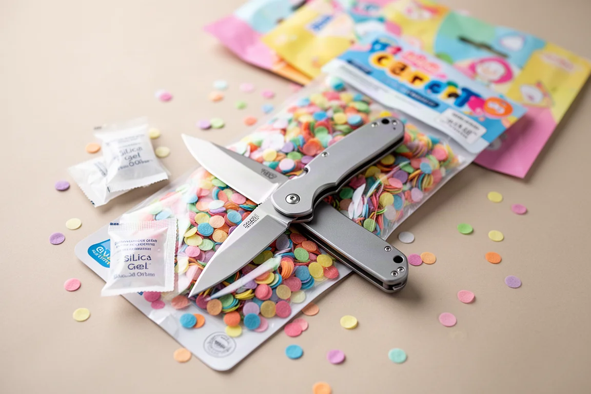 Colorful folding knife fresh out of packaging with confetti and a silica packet