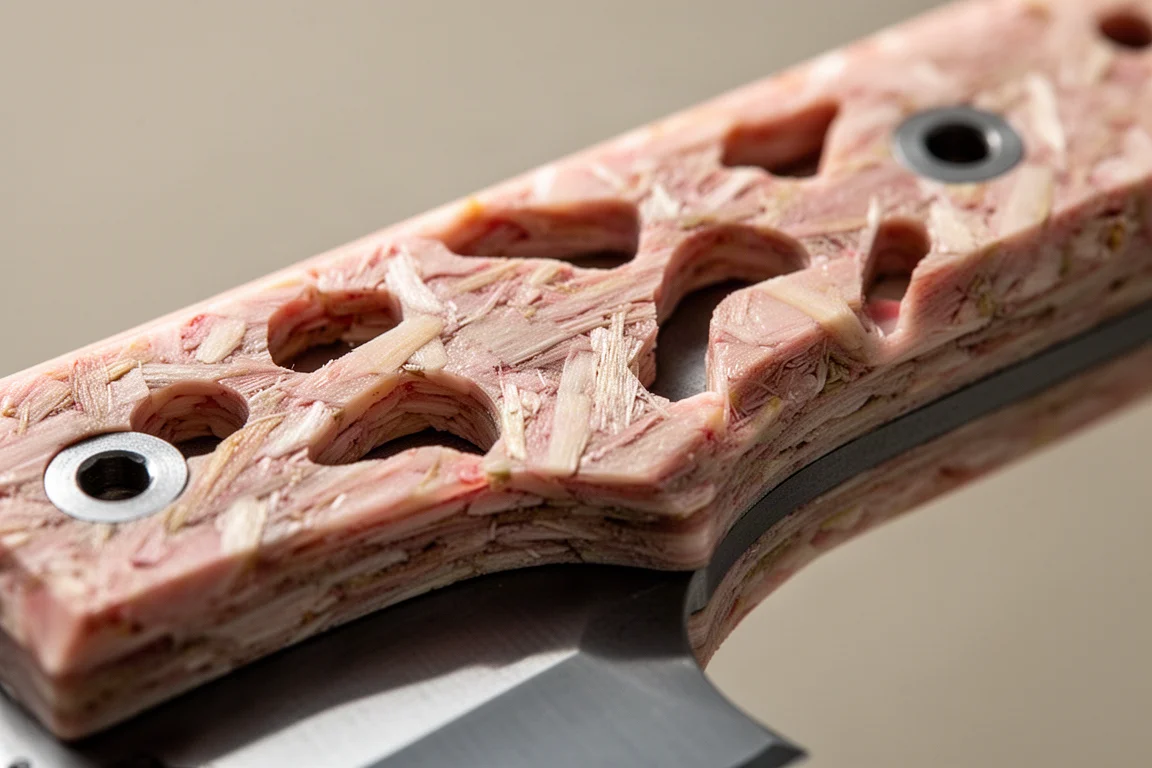 Close-up of textured G10 handle scale with cutout pattern