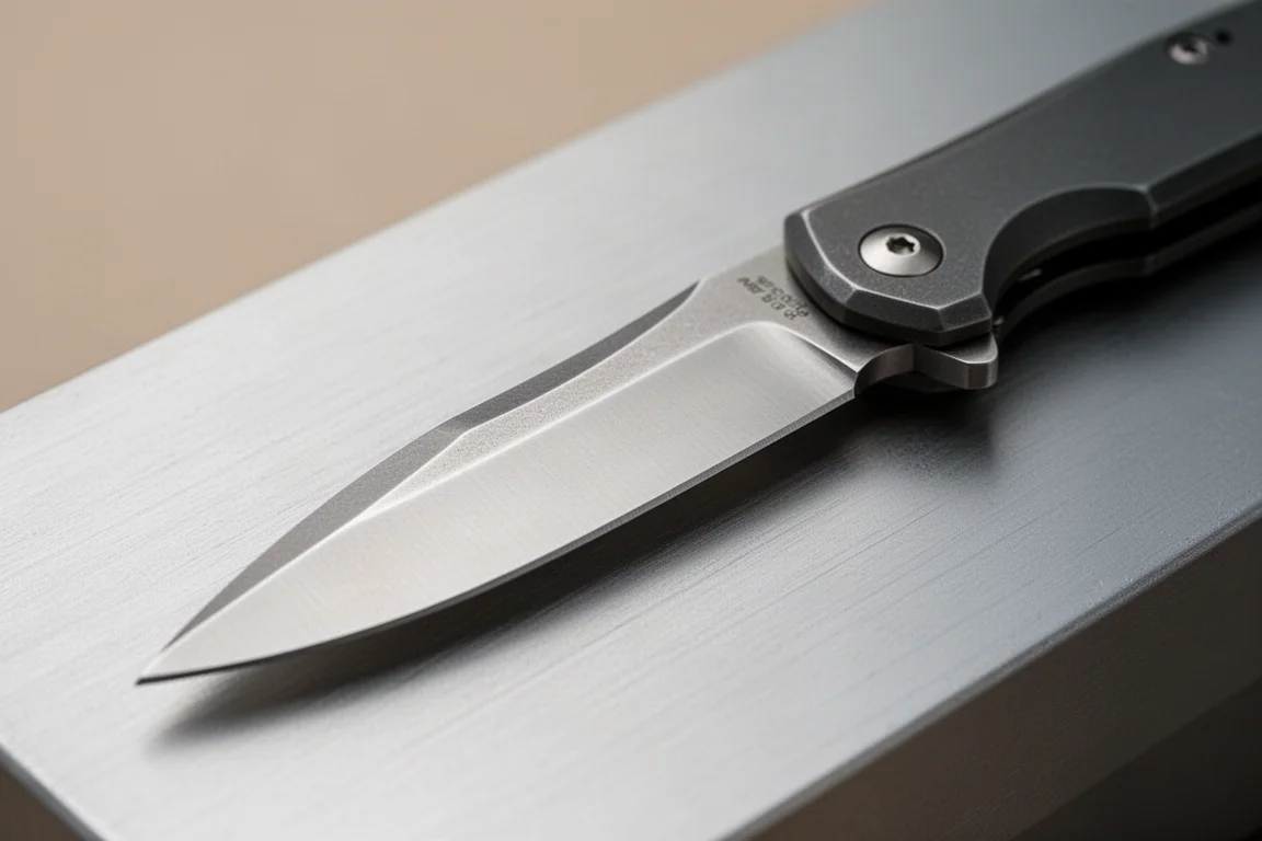 Wide blade with compound grind resting on brushed surface