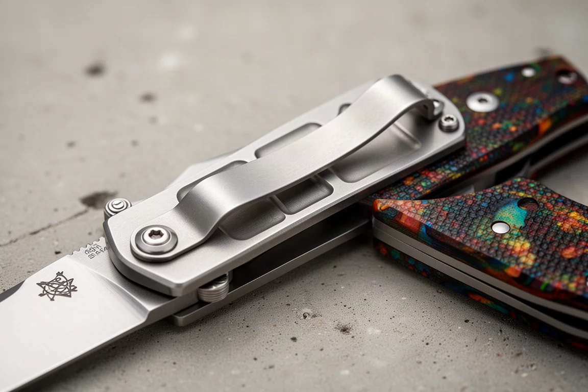 Milled titanium pocket clip mounted on a folded knife