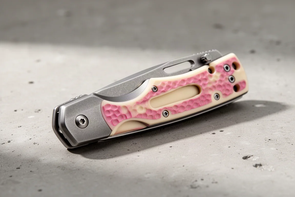 Coltello pieghevole Krispy Donut Community Desert Warrior con manico texture colorato su superficie di cemento