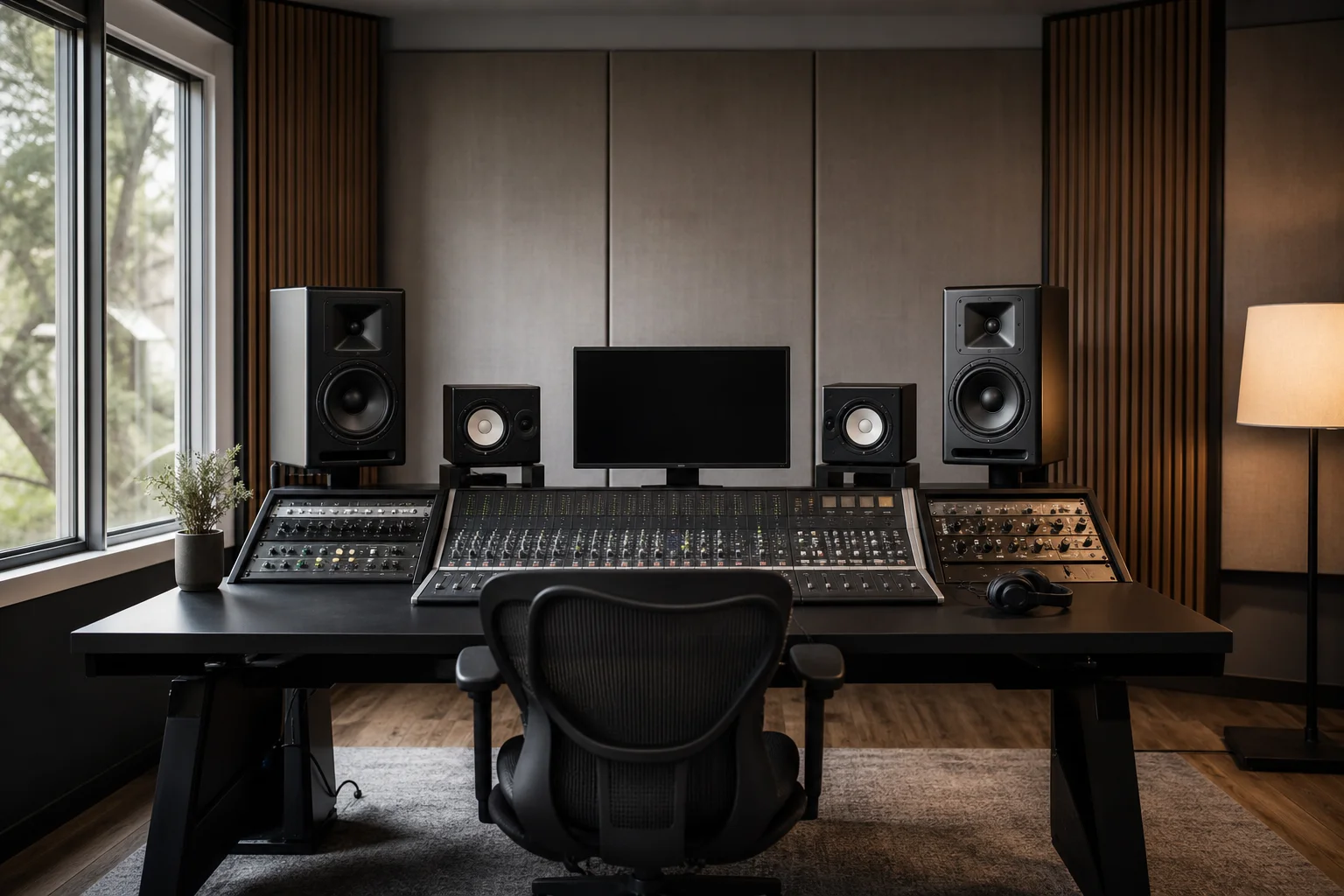 Professionelles Musikproduktionsstudio mit Monitoren und Mischpult
