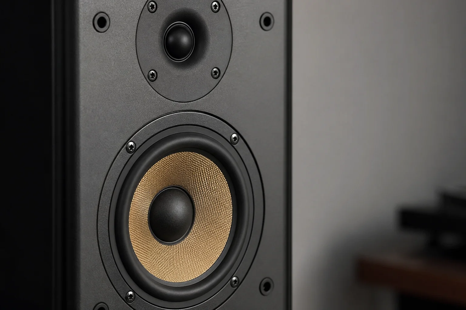 Nahaufnahme der Details von Hochtöner und Tieftöner eines Studiomonitors