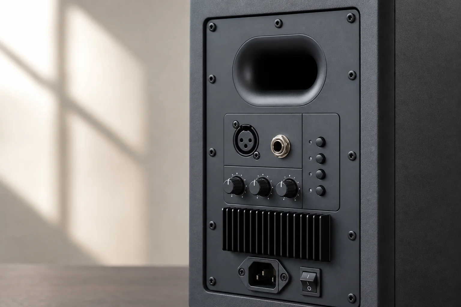 Rückseite eines Studiomonitors mit Eingangsanschlüssen und Steuertasten