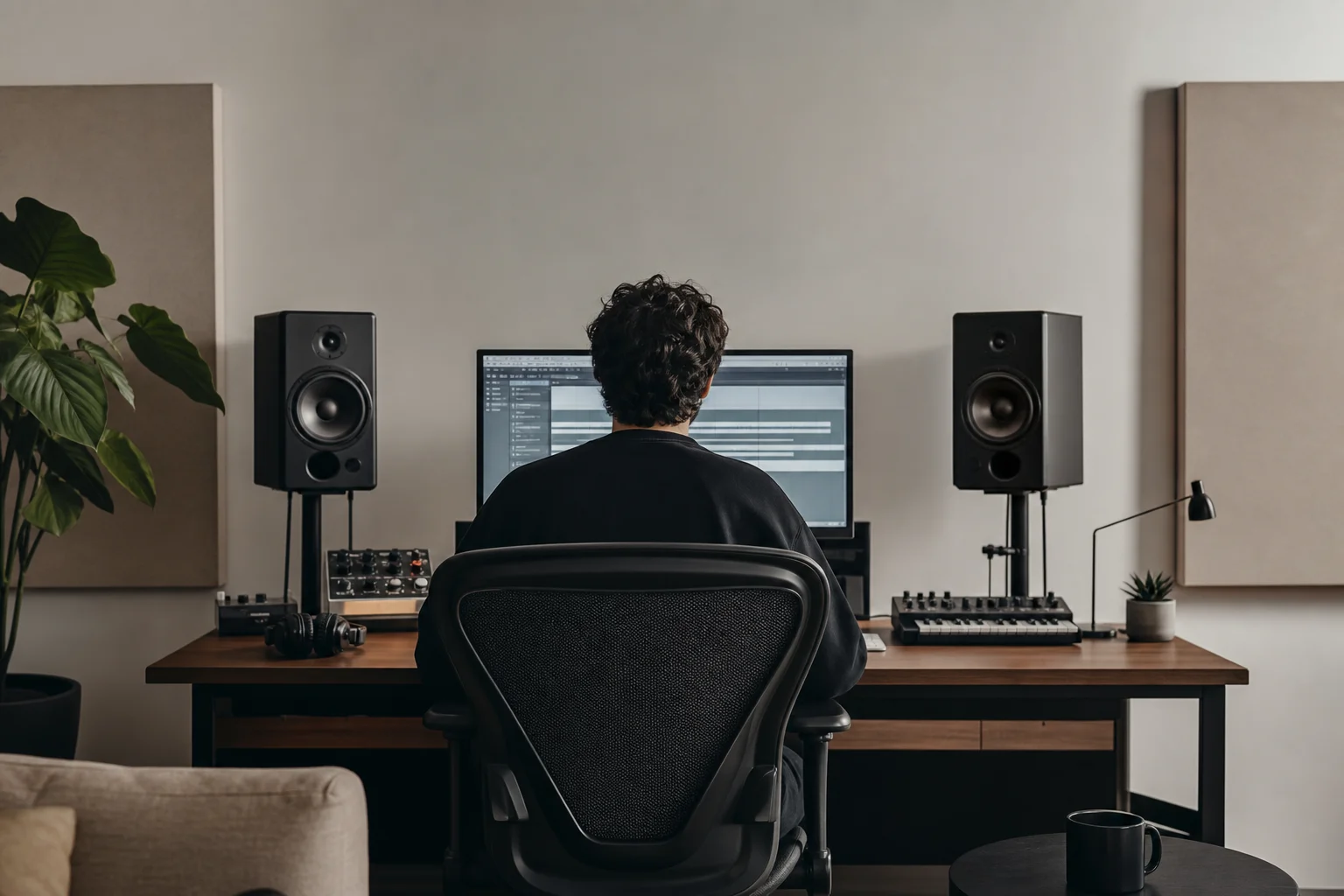 Musikproduzent arbeitet an einem Studiotisch mit Monitoren bei sanftem Licht