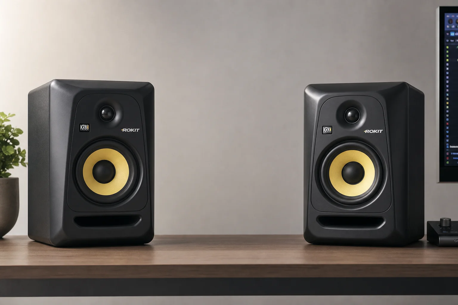 Monitor da studio KRK Rokit 8 G5 su una scrivania da studio con sfondo neutro