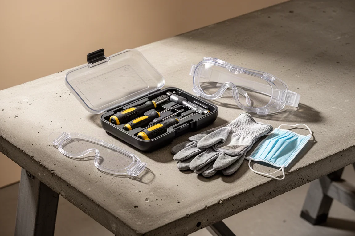 Fold-flat goggle collapsing flat next to a compact tool kit on a workbench