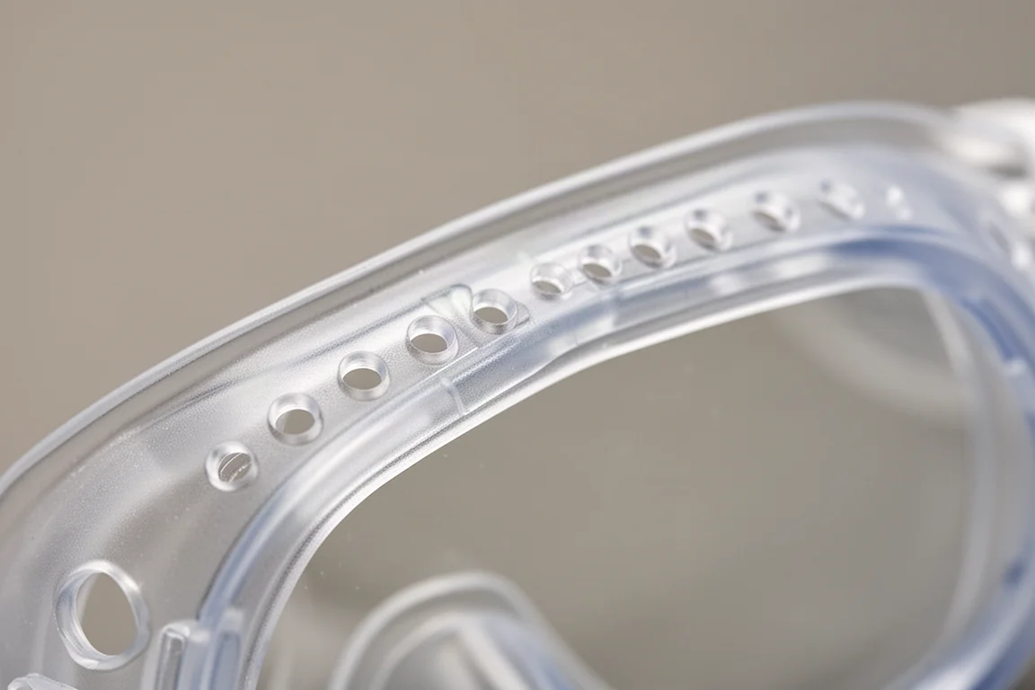 Close-up of ventilation holes on the goggle frame designed to reduce fogging