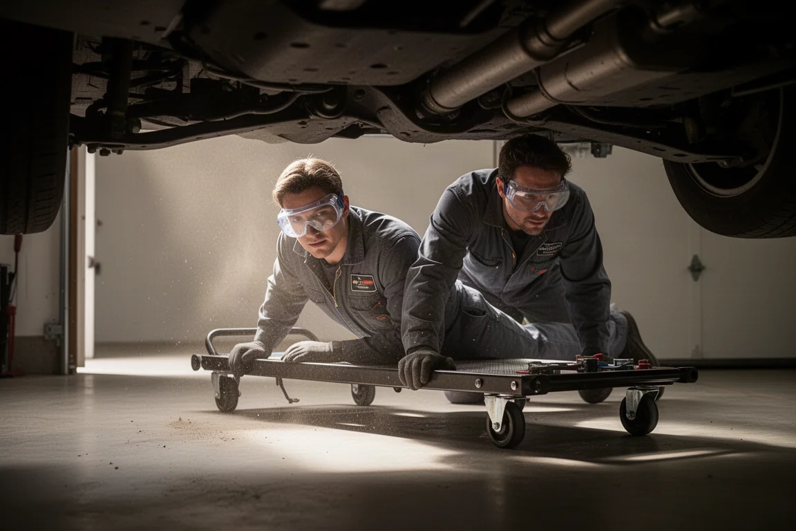 Goggle worn while working beneath a vehicle in a garage setting
