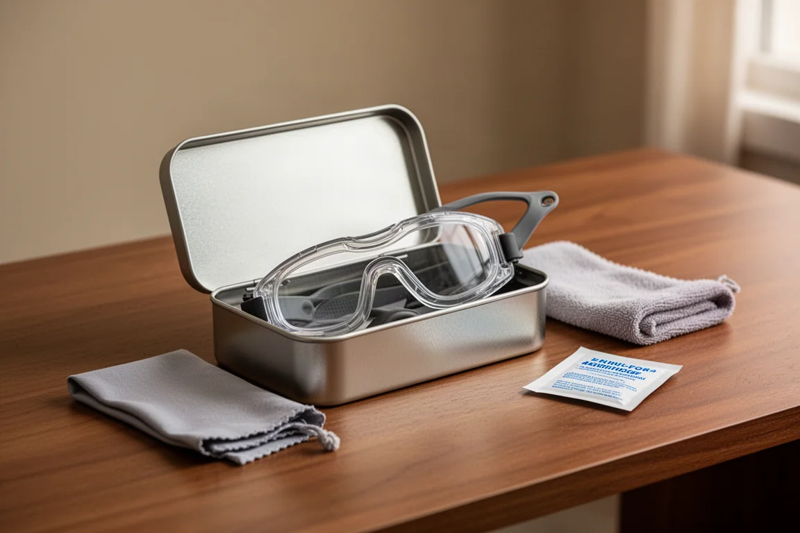 Goggle folded flat inside a small storage tin in a coat pocket