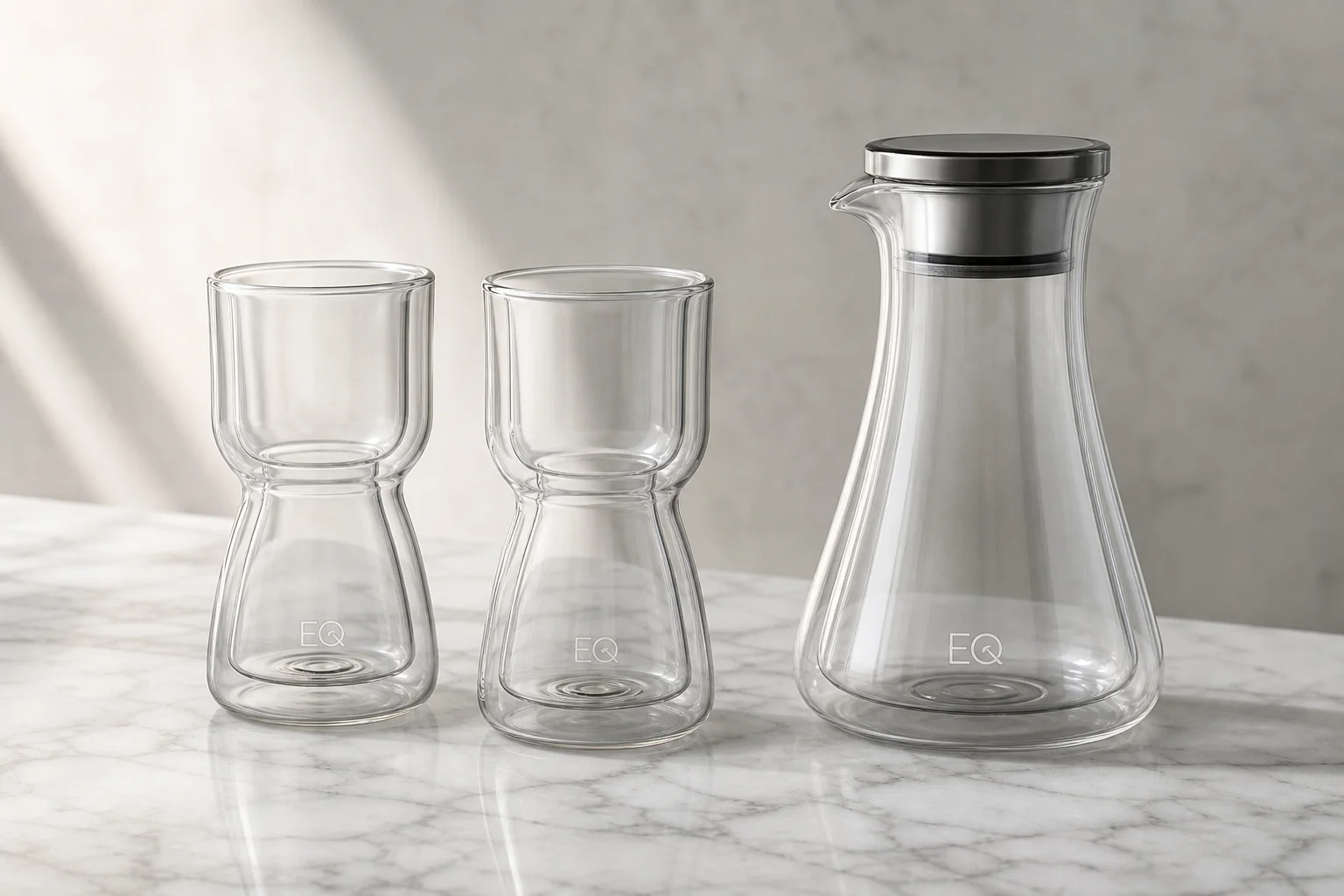 Vasos de cata y jarra Kruve EQ sobre una superficie de mármol