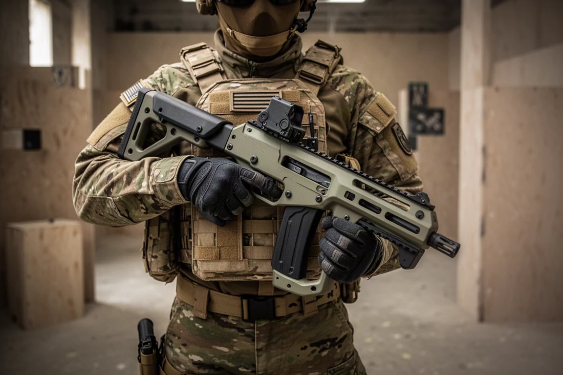Giocatore di airsoft che impugna un fucile bullpup compatto in un ambiente indoor ravvicinato