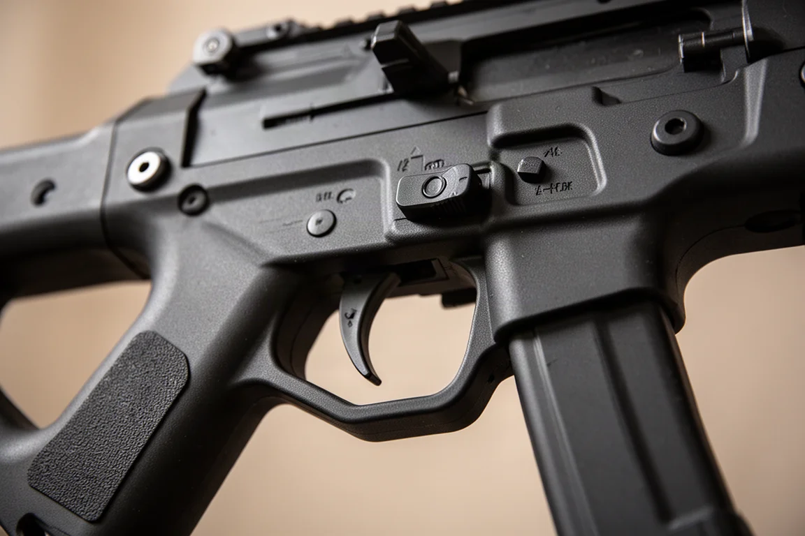 Primo piano del meccanismo del grilletto e del selettore di fuoco della KRYTAC FN P90