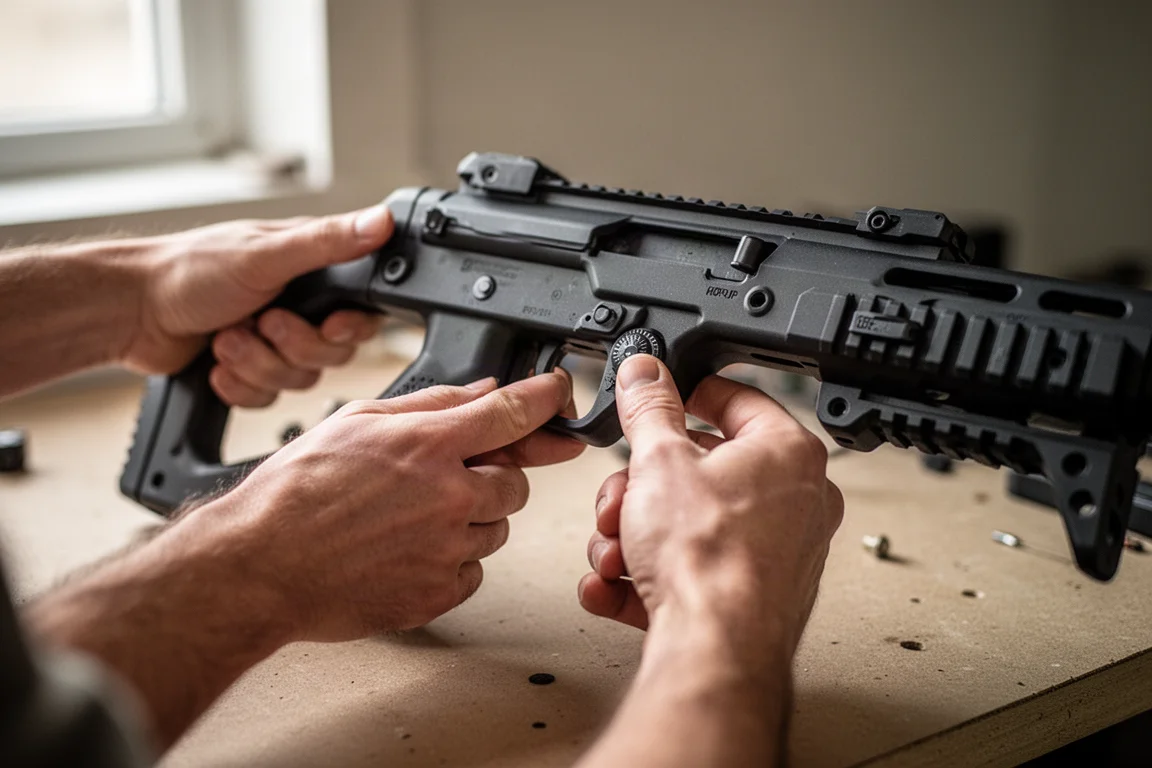 Mani che regolano l'hop-up su un fucile airsoft compatto