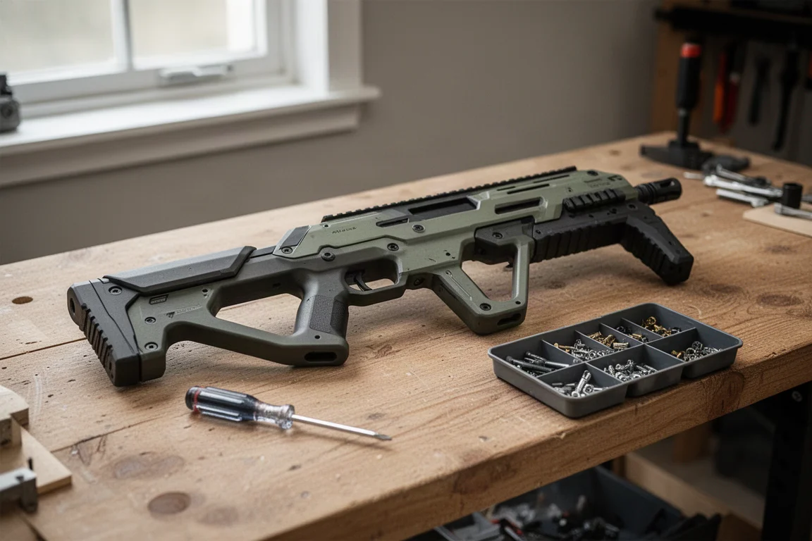 Fucile airsoft bullpup compatto appoggiato su un banco da lavoro con attrezzi e accessori