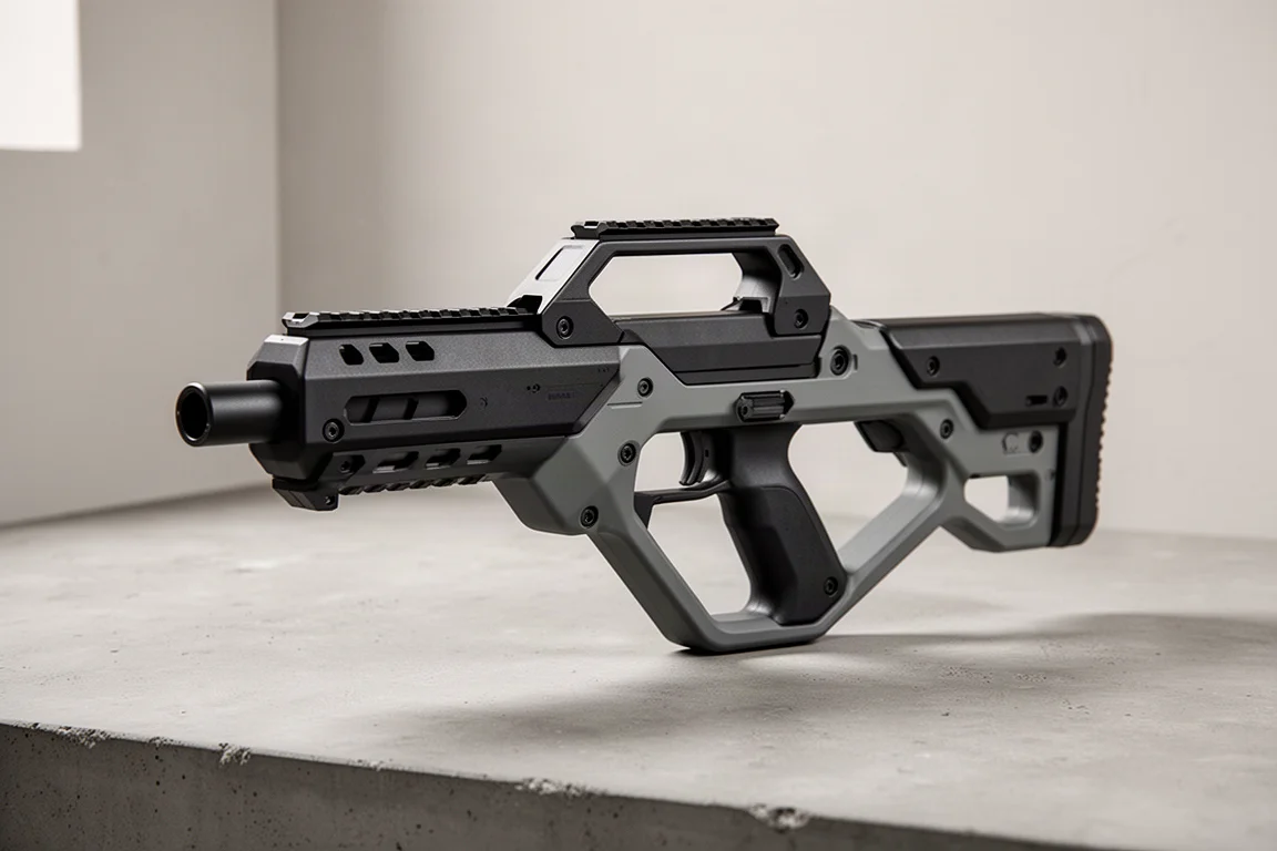 マットなコンクリート表面に置かれたKRYTAC FN P90コンパクトブルパップエアソフトライフル
