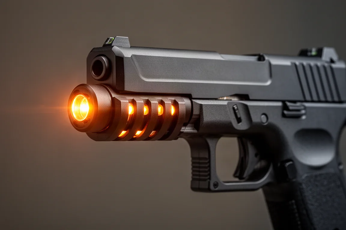 Primer plano de una pistola de airsoft con unidad trazadora integrada que emite un brillo naranja en la boca del cañón